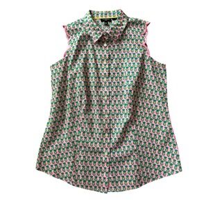 Talbots Petites Pink Pineapple Print Sleeveless Non-Iron Button Down Shirt 4P